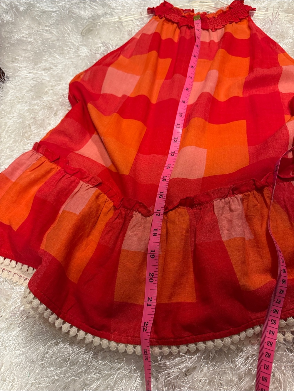 NWT Stunning THML Red & Orange Plaid Sleeveless Ruffle Neck Blouse - Picture 9 of 9